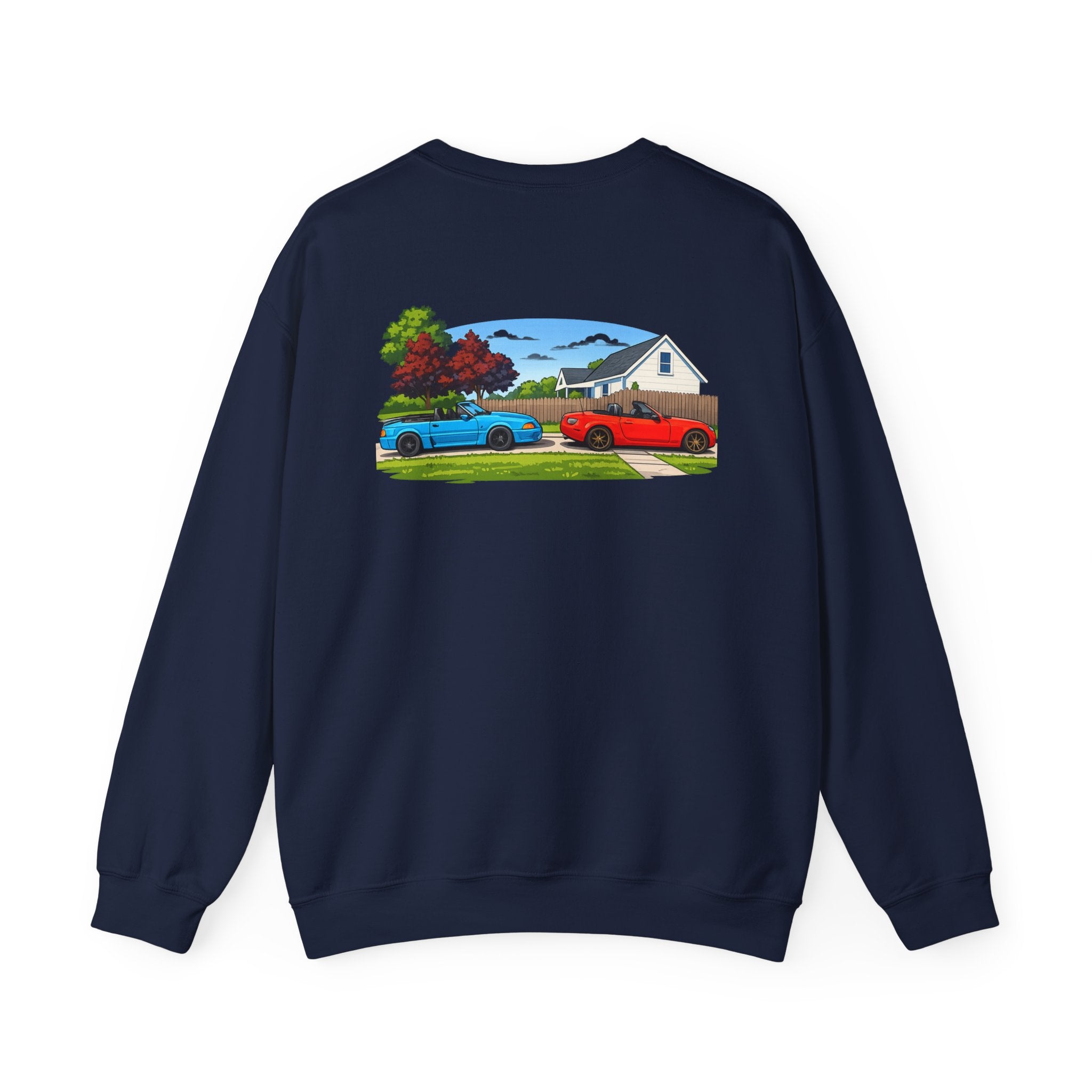 Car Meet Crewneck Sweatshirt — Vintage Muscle Cars Backyard Scene