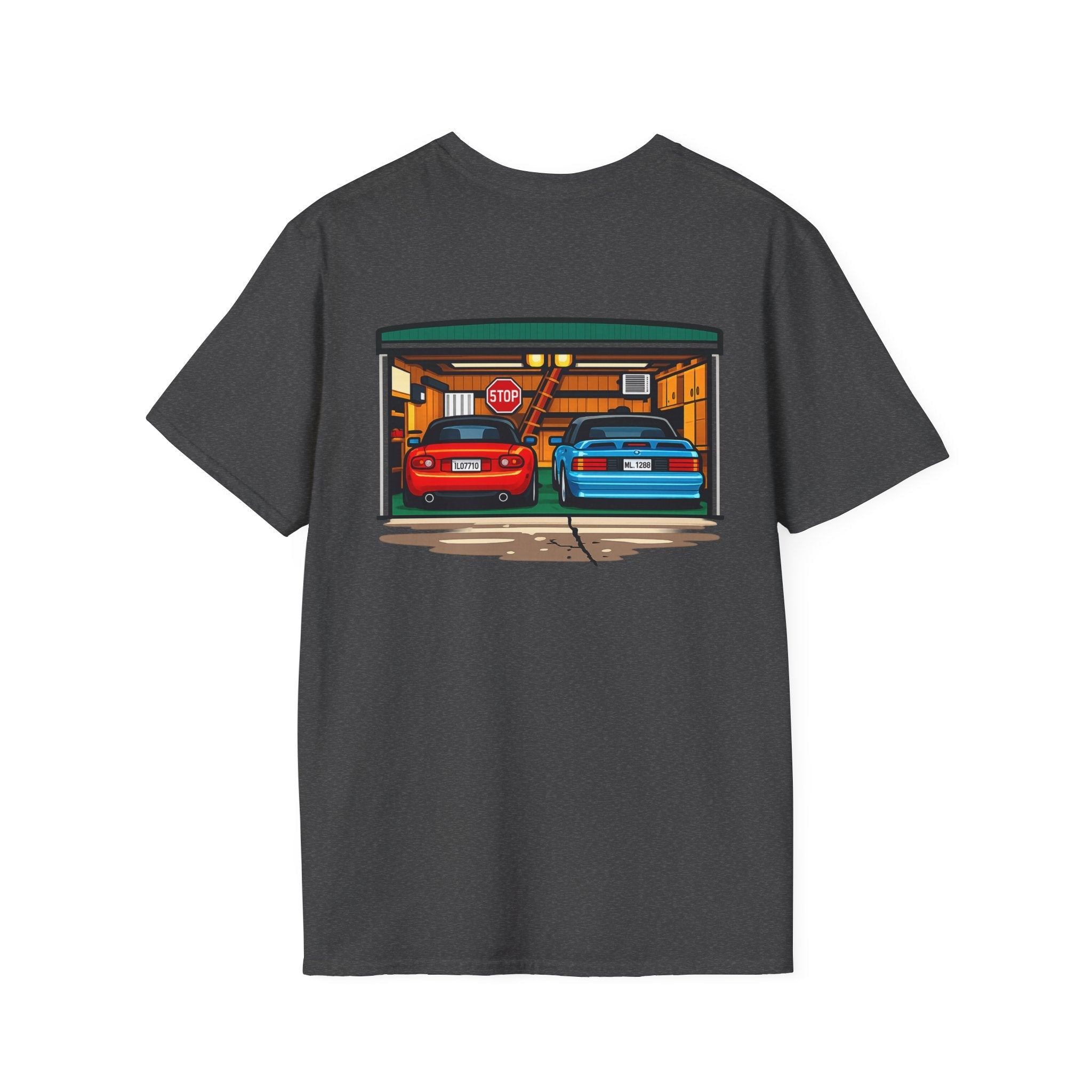 Classic Car Garage T-Shirt — Retro Twin Sports Cars Backprint