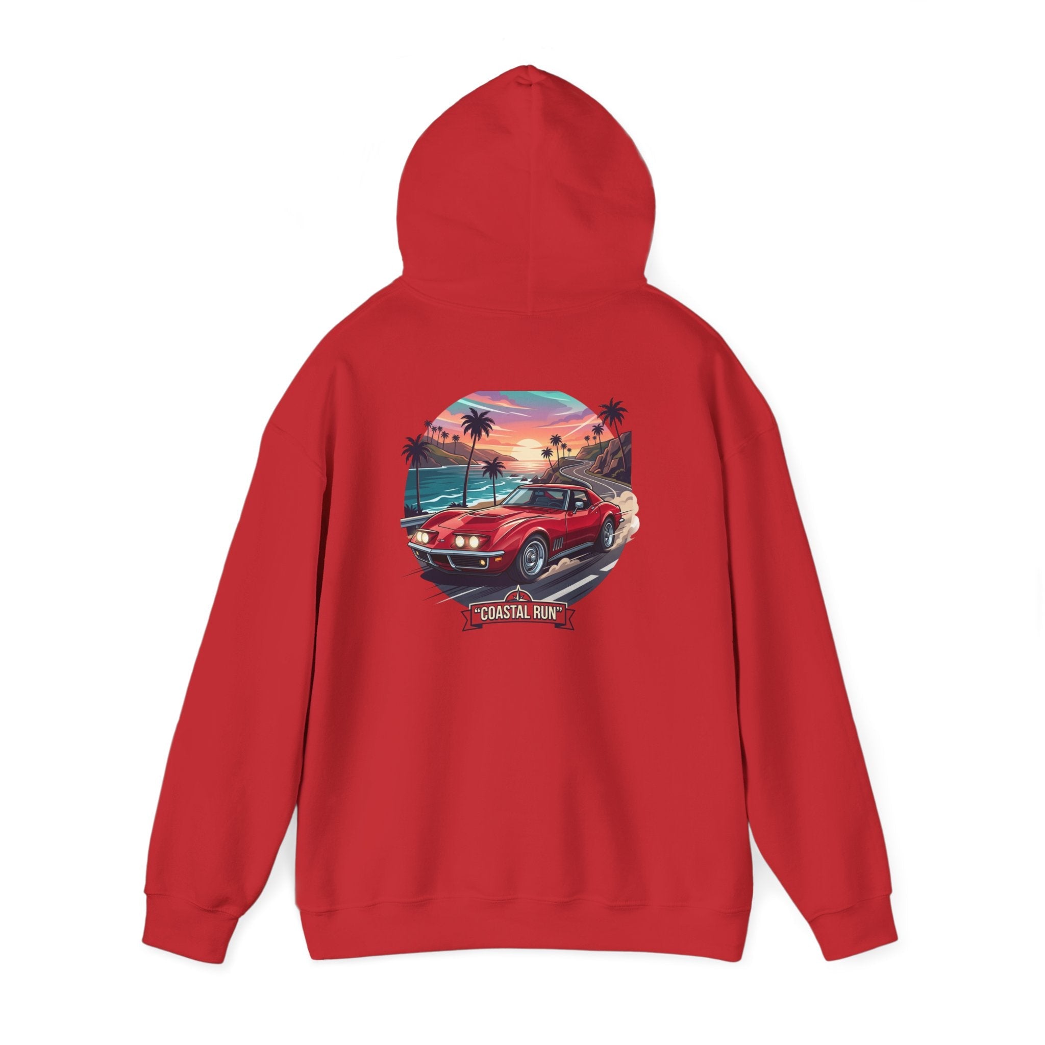 Coastal Run Hoodie — Retro Muscle Car Sunset Graphic