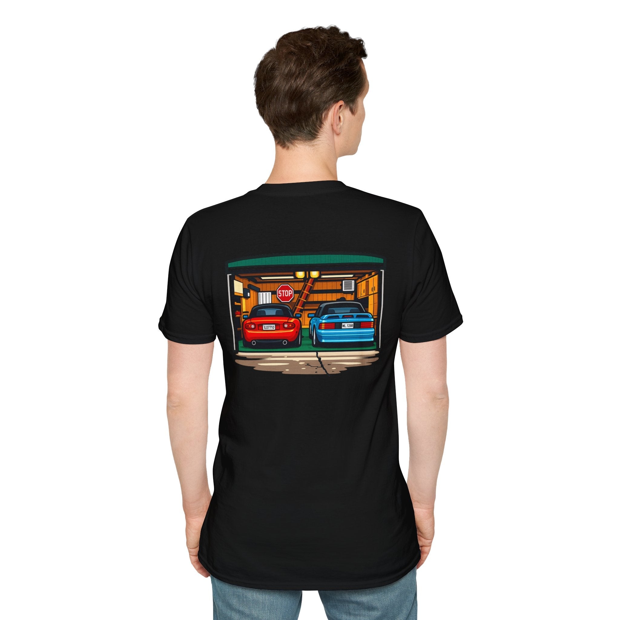 Classic Car Garage T-Shirt — Retro Twin Sports Cars Backprint
