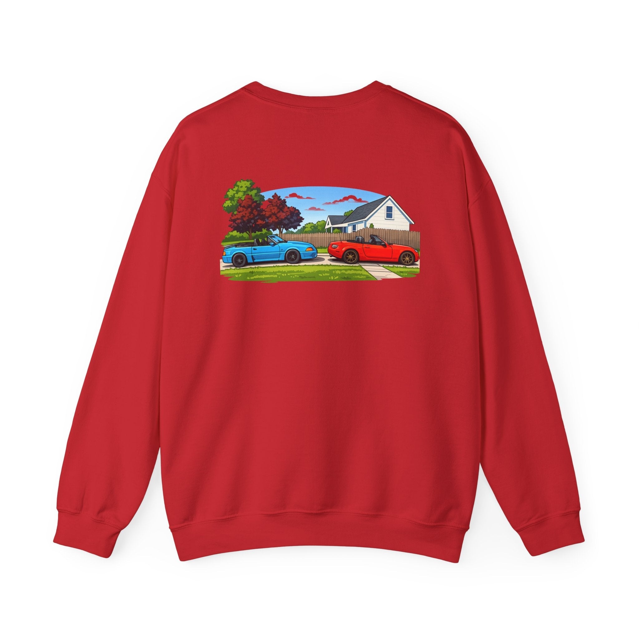 Car Meet Crewneck Sweatshirt — Vintage Muscle Cars Backyard Scene