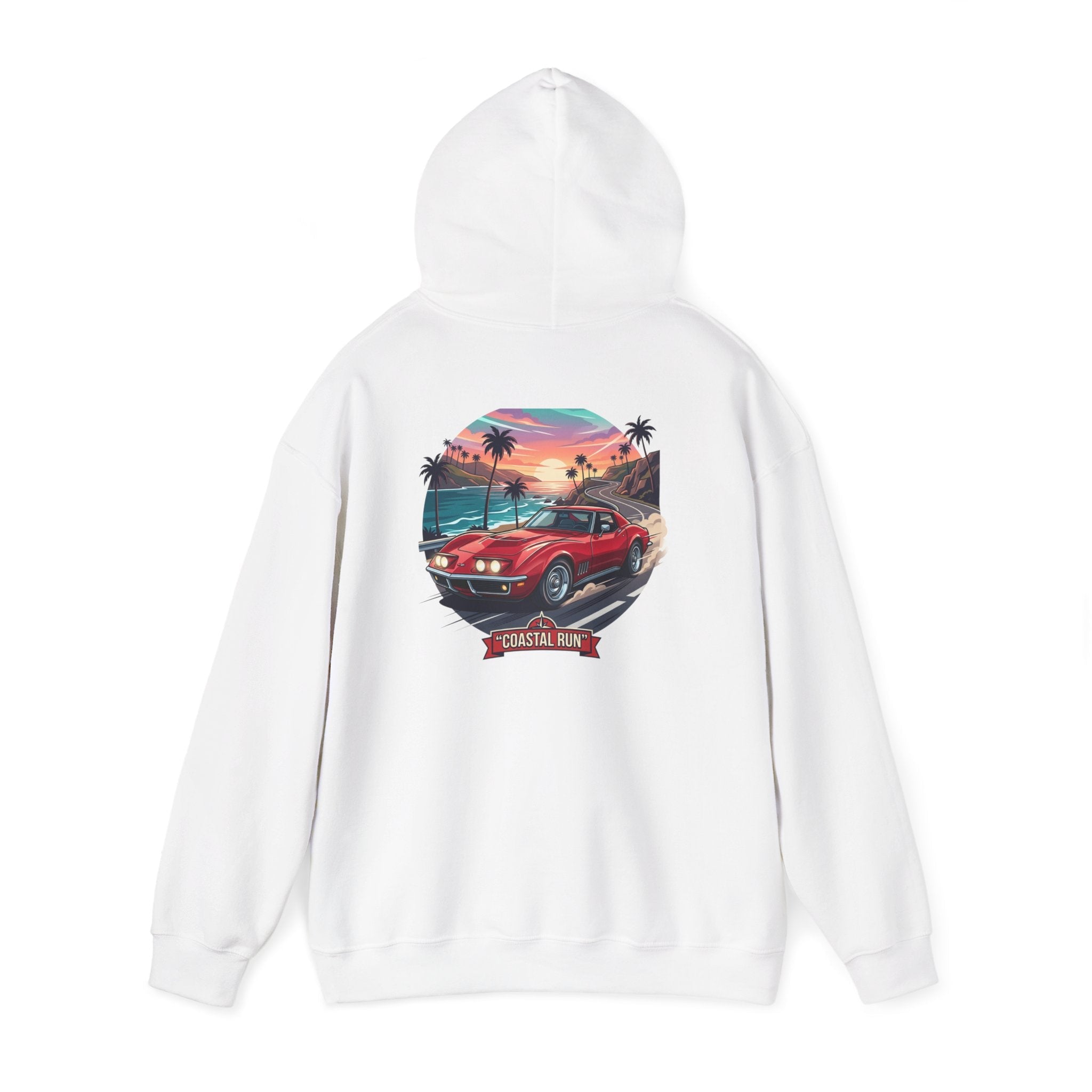 Coastal Run Hoodie — Retro Muscle Car Sunset Graphic